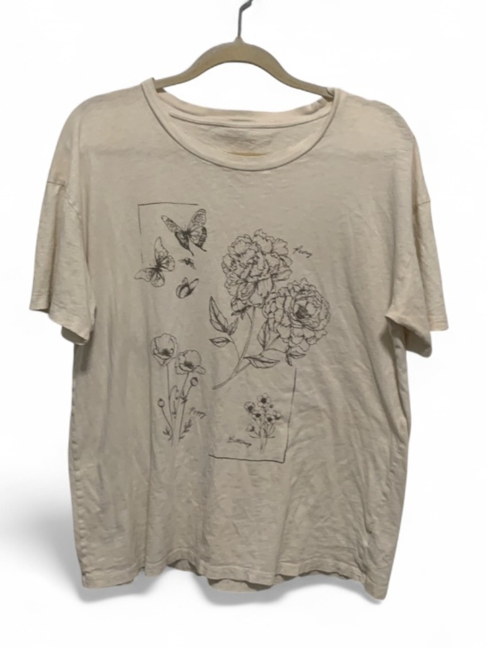 American Eagle Outfitters Cream T-Shirt with Black Floral & Butterfly Sketch